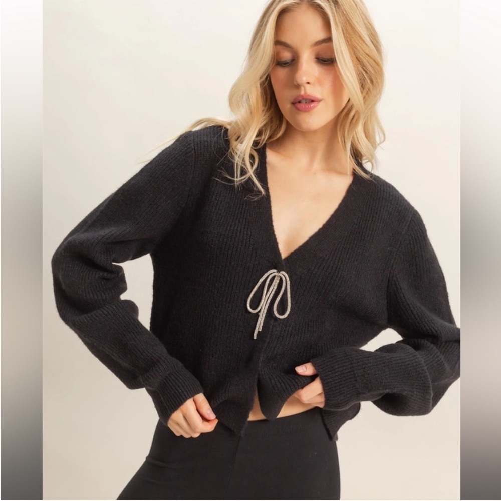 HYFVE Sparkly Bow Embellished Black Cardigan | Holiday Party Sweater